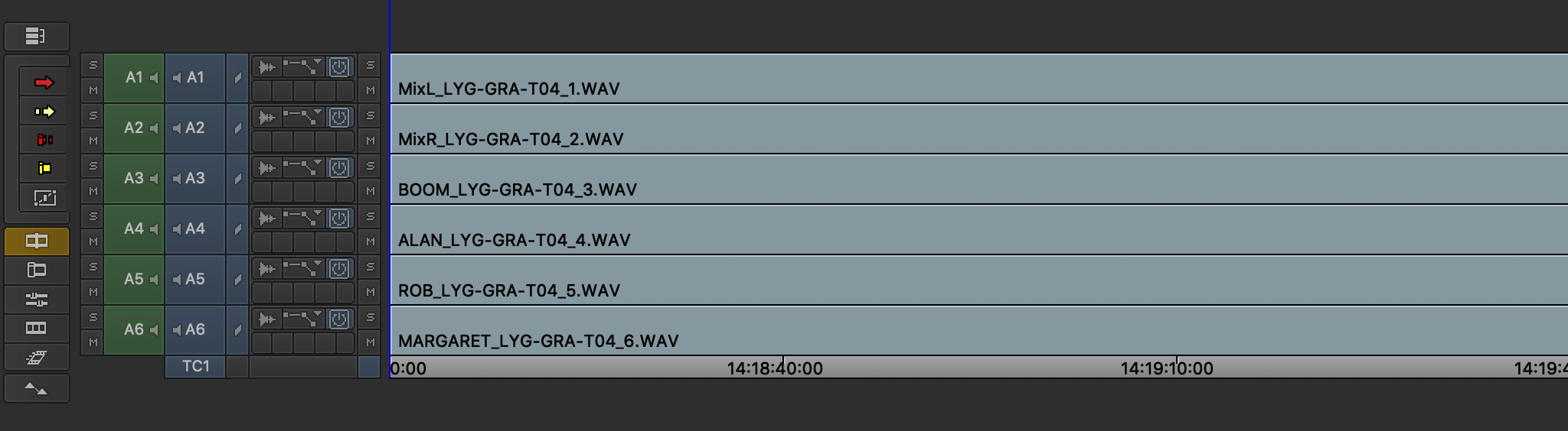 Avid MediaComposer timeline with a renamed wav that shows track names